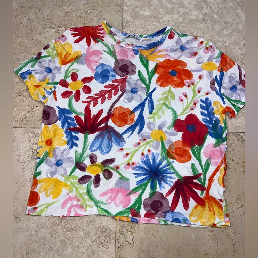 Zara Red and Yellow Floral Short Sleeve Tee